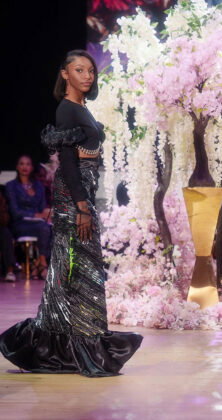 Taylor Childs: a crop top with jeweled trim and ruffle-wrapped sleeves.